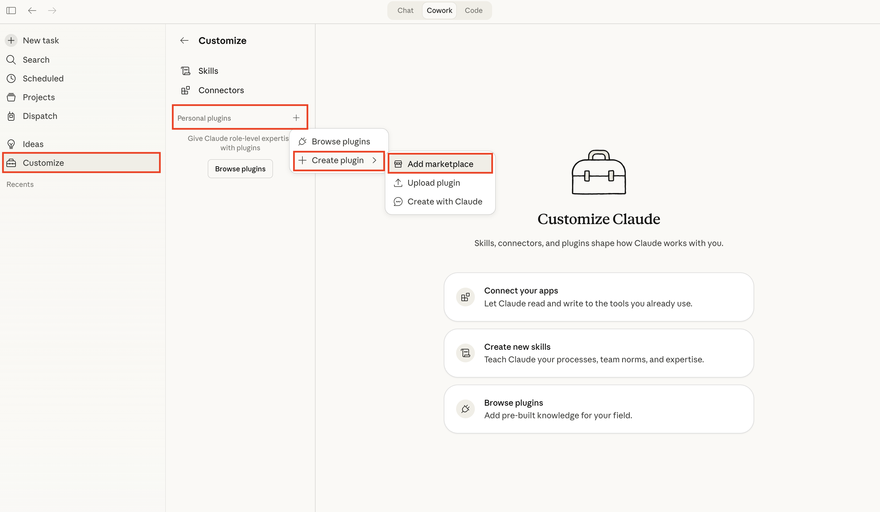 Screenshot: Go to Customize, click Create plugin and select Add marketplace