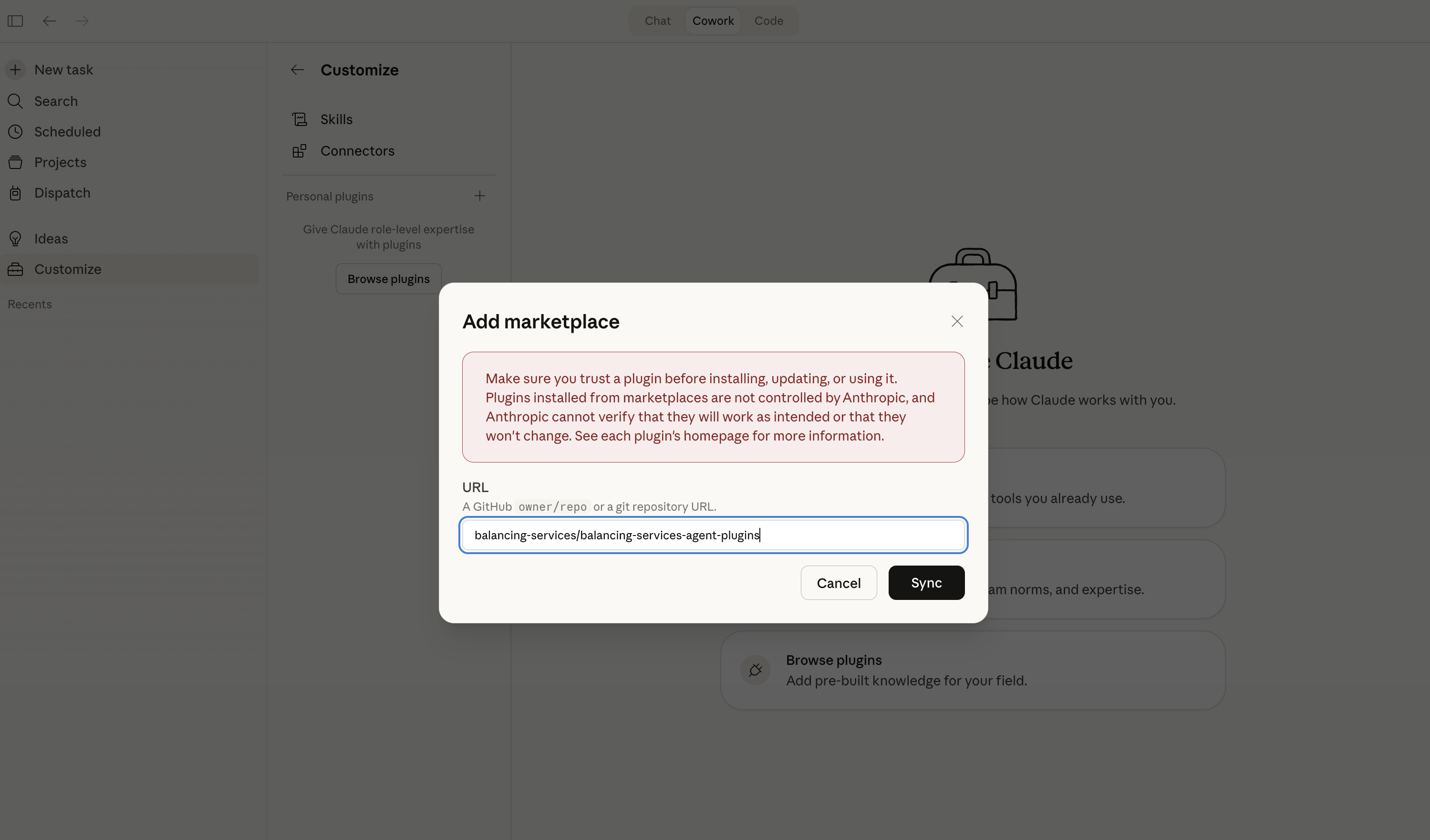 Screenshot: Enter the marketplace URL balancing-services/balancing-services-agent-plugins and click Sync