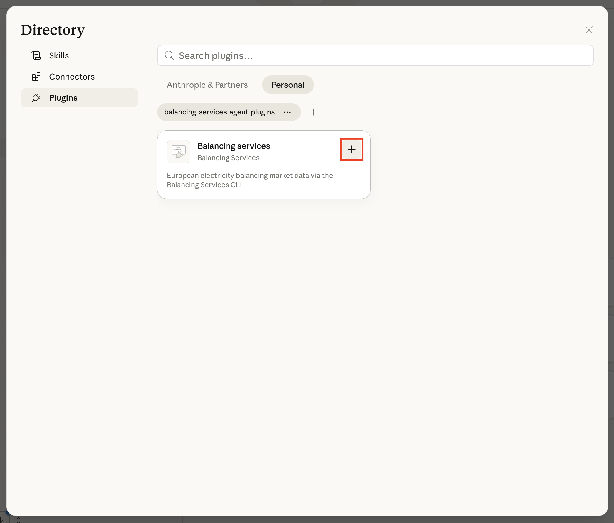 Screenshot: Click Install to install the Balancing Services plugin