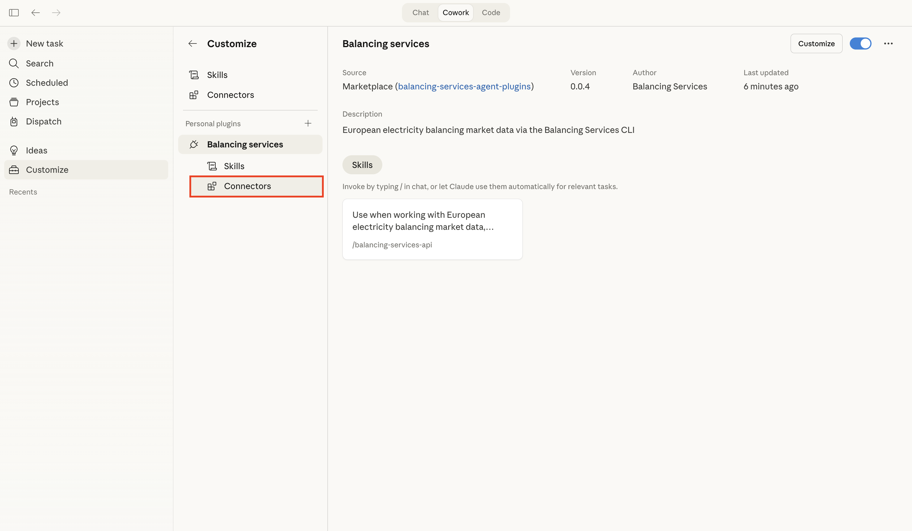 Screenshot: Select Connectors in the sidebar of the installed Balancing services plugin