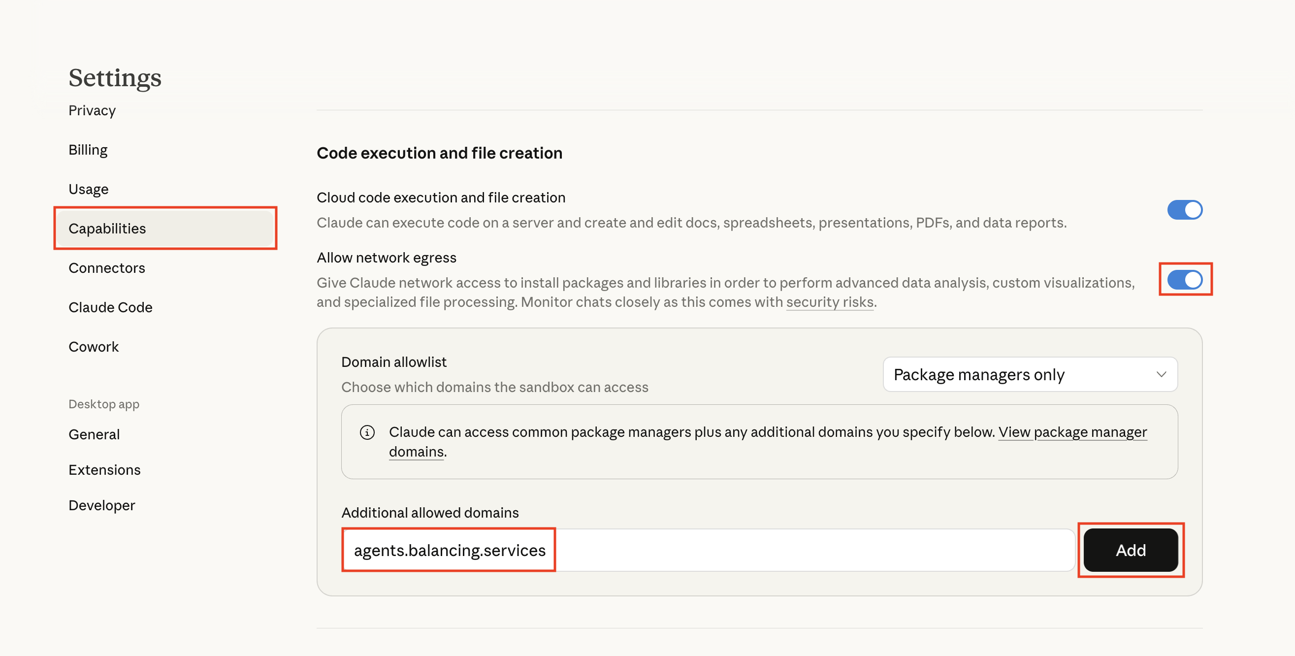 Screenshot: Add agents.balancing.services to the domain allowlist in Settings