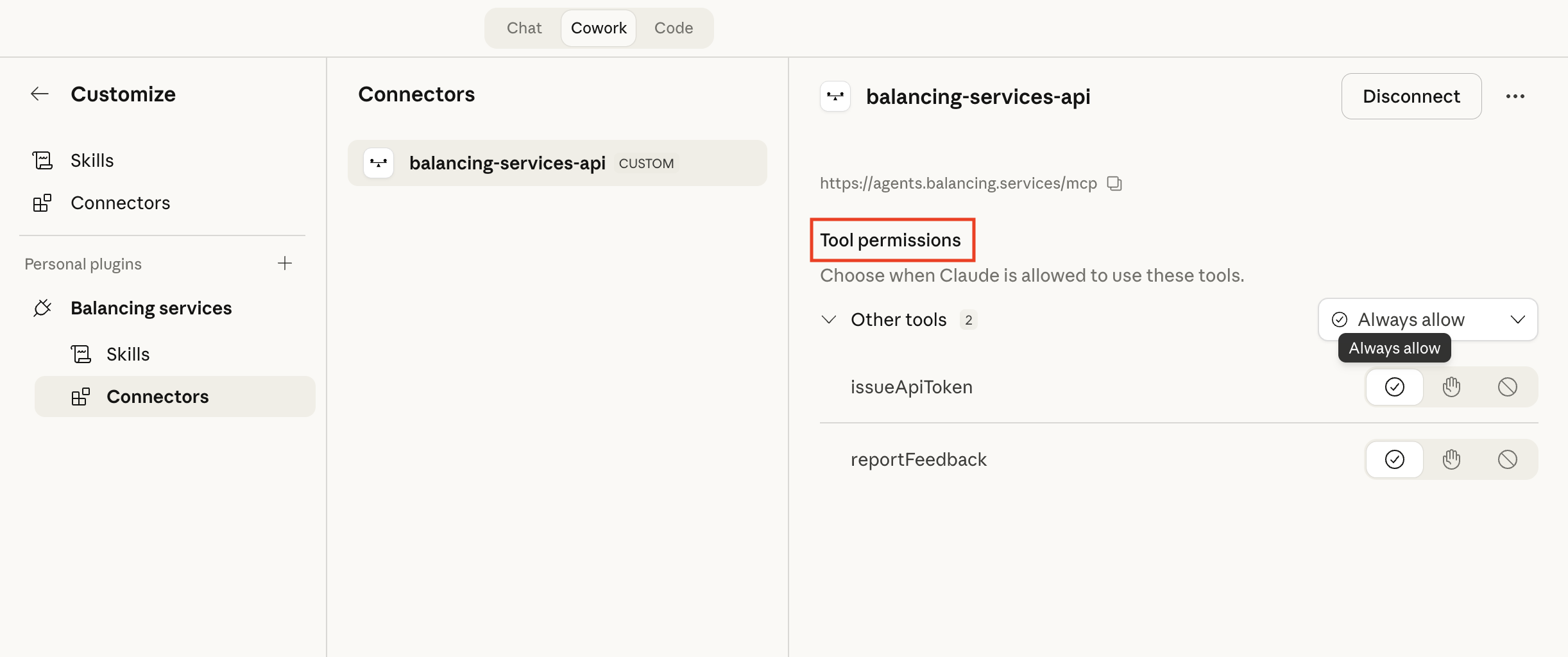 Screenshot: Allow issueApiToken and optionally reportFeedback under Tool permissions